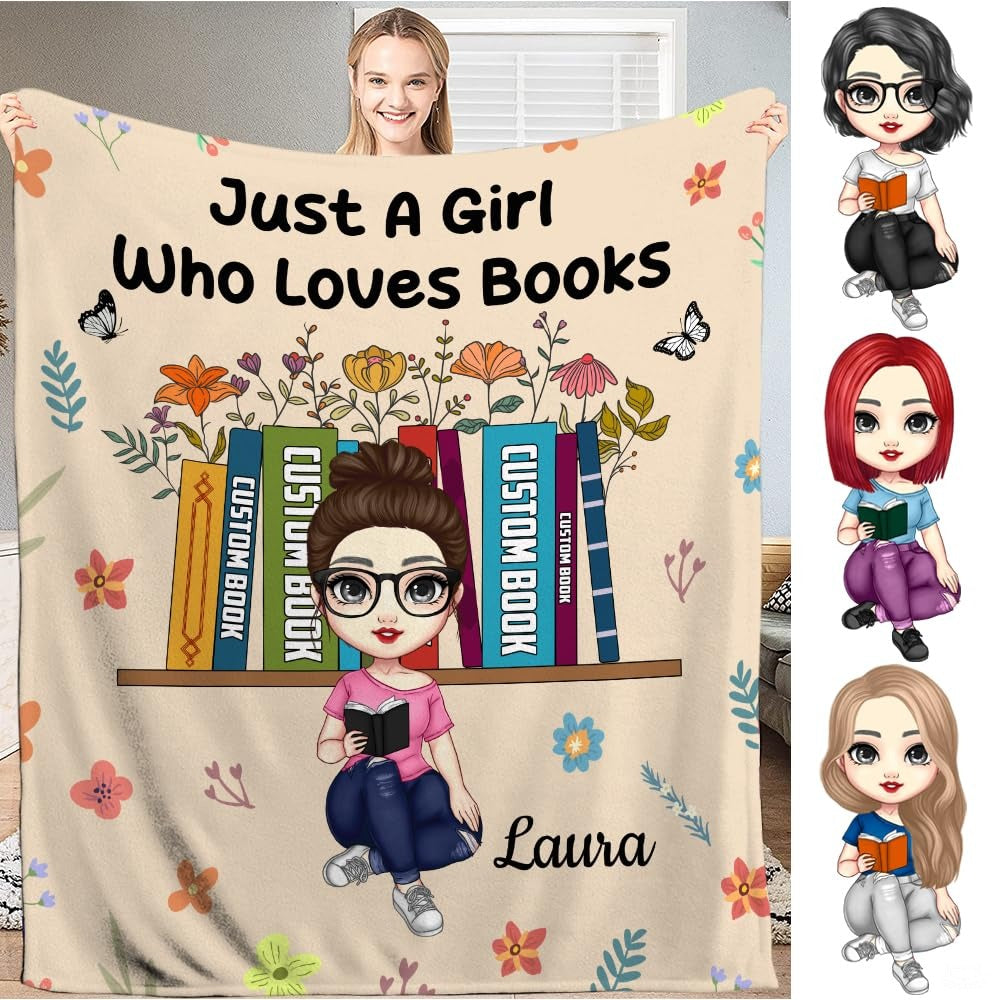 Personalized Girl in Glasses Reading Book Throw Blanket - Book Lover