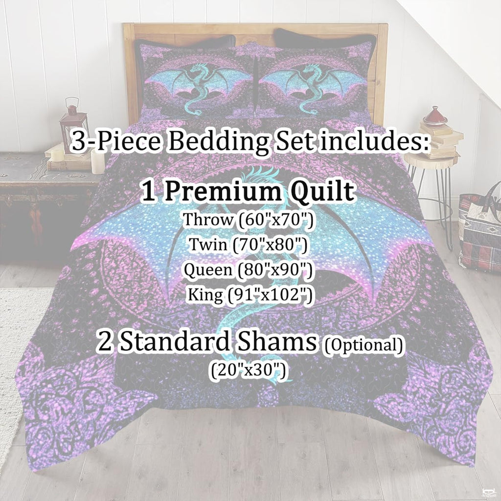 Purple and turquoise dragon bedding mockup with ornate fantasy artwork