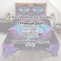 Purple and turquoise dragon bedding mockup with ornate fantasy artwork