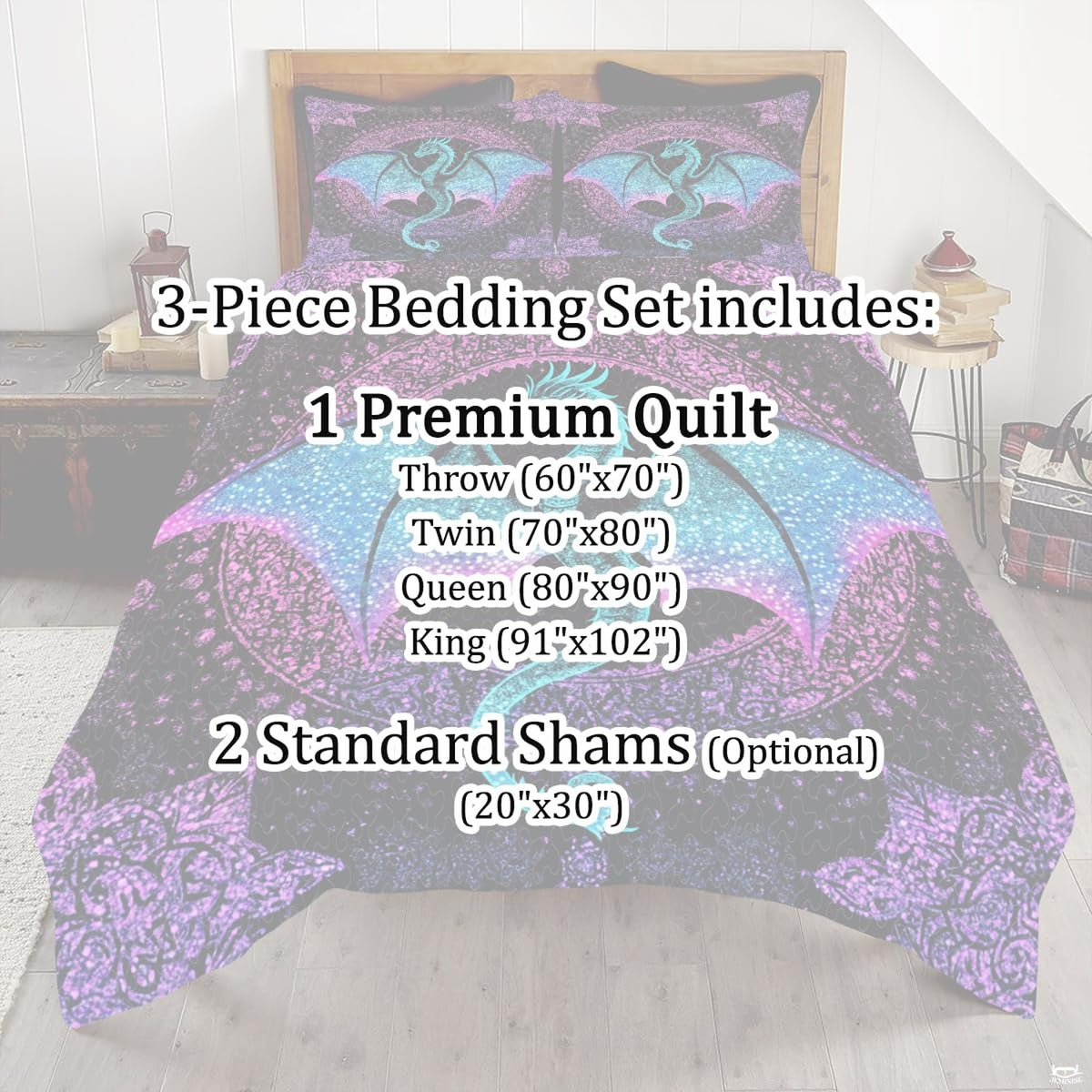 Purple and turquoise dragon bedding mockup with ornate fantasy artwork