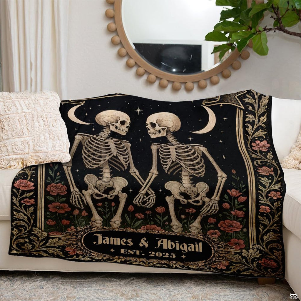 Gothic skeleton couple throw blanket view 6 highlighting red poppies, gold frame, and starry sky
