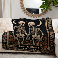 Gothic skeleton couple throw blanket view 6 highlighting red poppies, gold frame, and starry sky