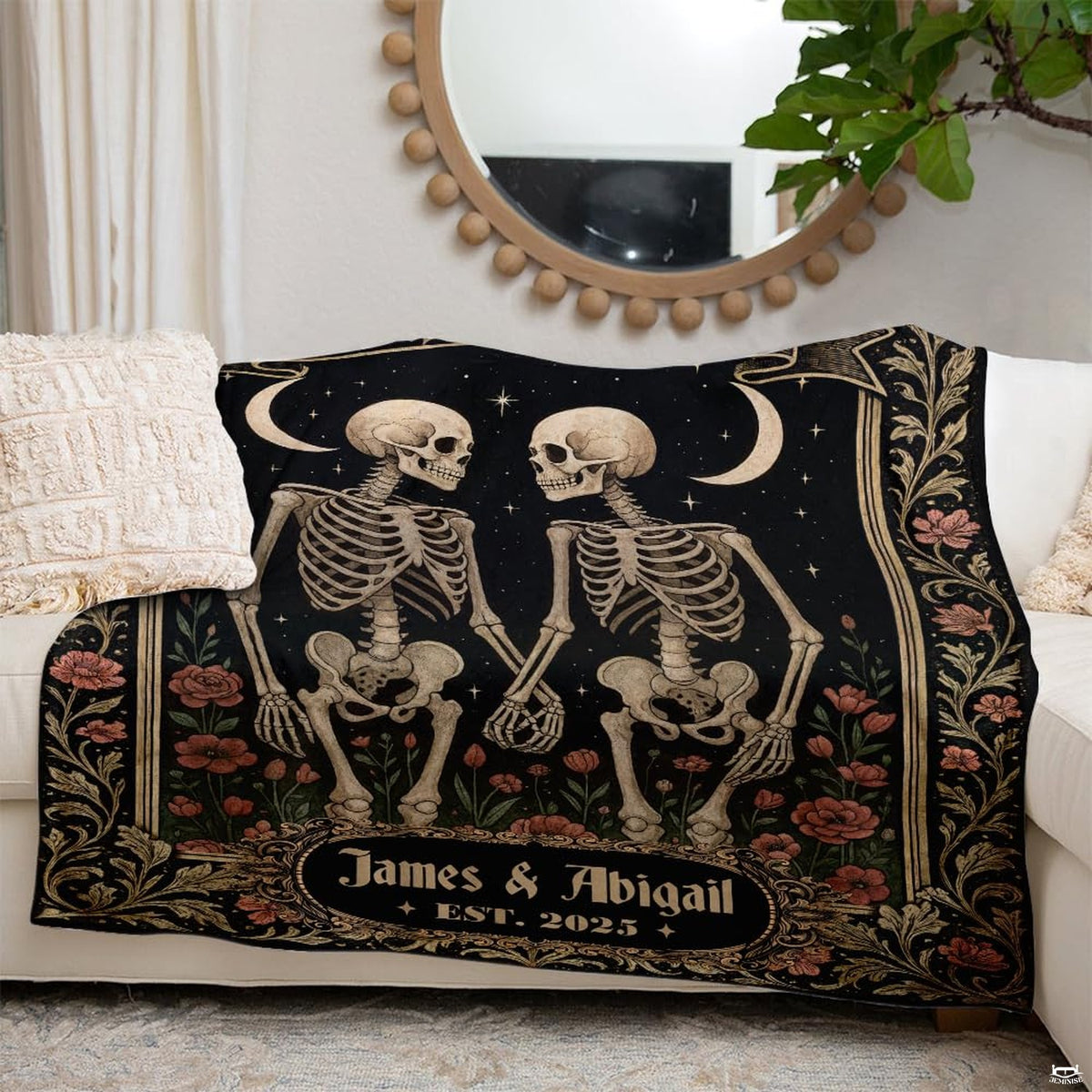 Gothic skeleton couple throw blanket view 6 highlighting red poppies, gold frame, and starry sky