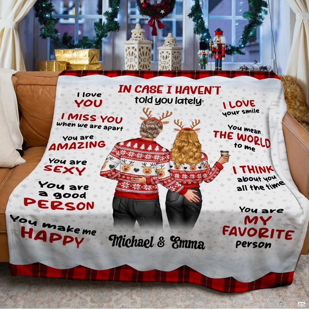 Holiday couple in Nordic sweaters with romantic quotes and red buffalo check plaid borders, view 3.