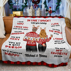 Holiday couple in Nordic sweaters with romantic quotes and red buffalo check plaid borders, view 3.