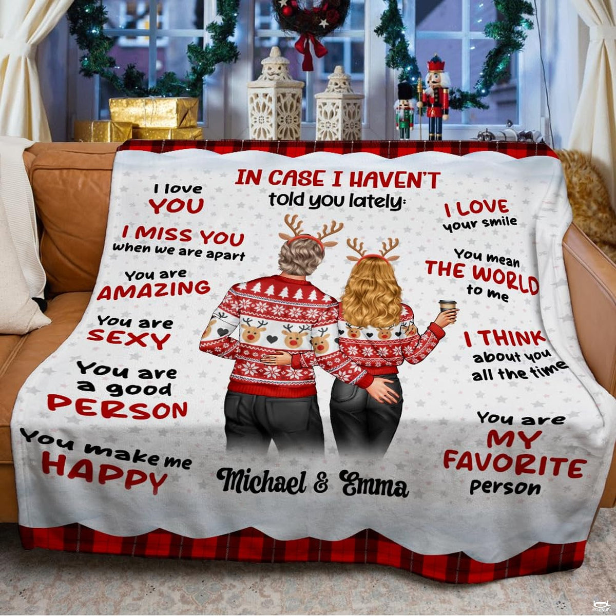 Holiday couple in Nordic sweaters with romantic quotes and red buffalo check plaid borders, view 3.