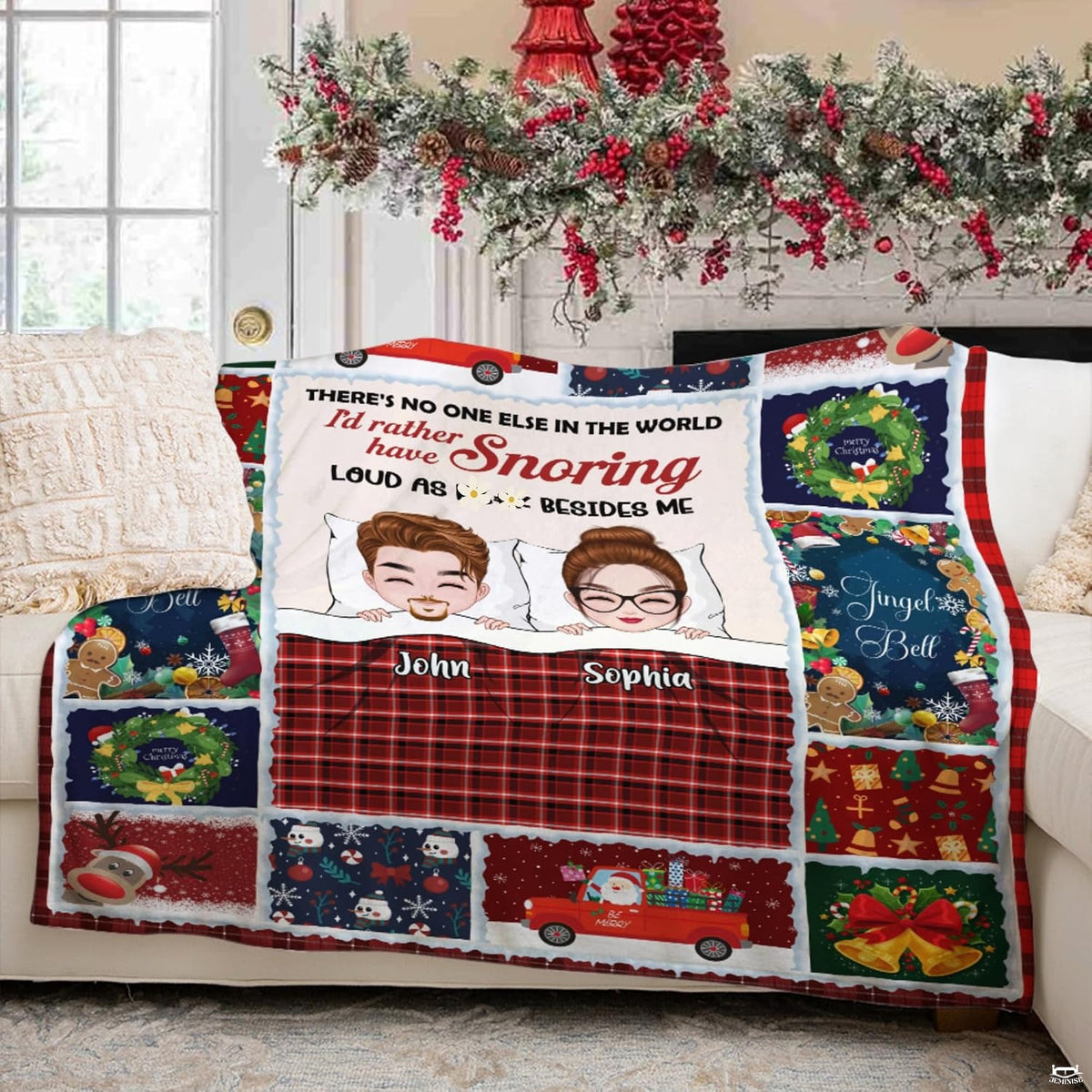 Christmas holiday couple throw blanket view 5 highlighting cartoon couple, holiday patches, and red plaid accents