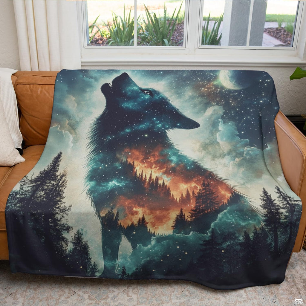 Bedroom lifestyle setting showcasing the celestial wolf wildlife throw blanket styled on a bed.