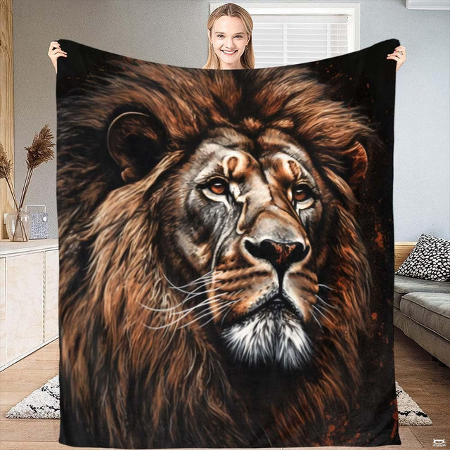 Majestic male lion mane portrait throw blanket showing close-up lion face on black