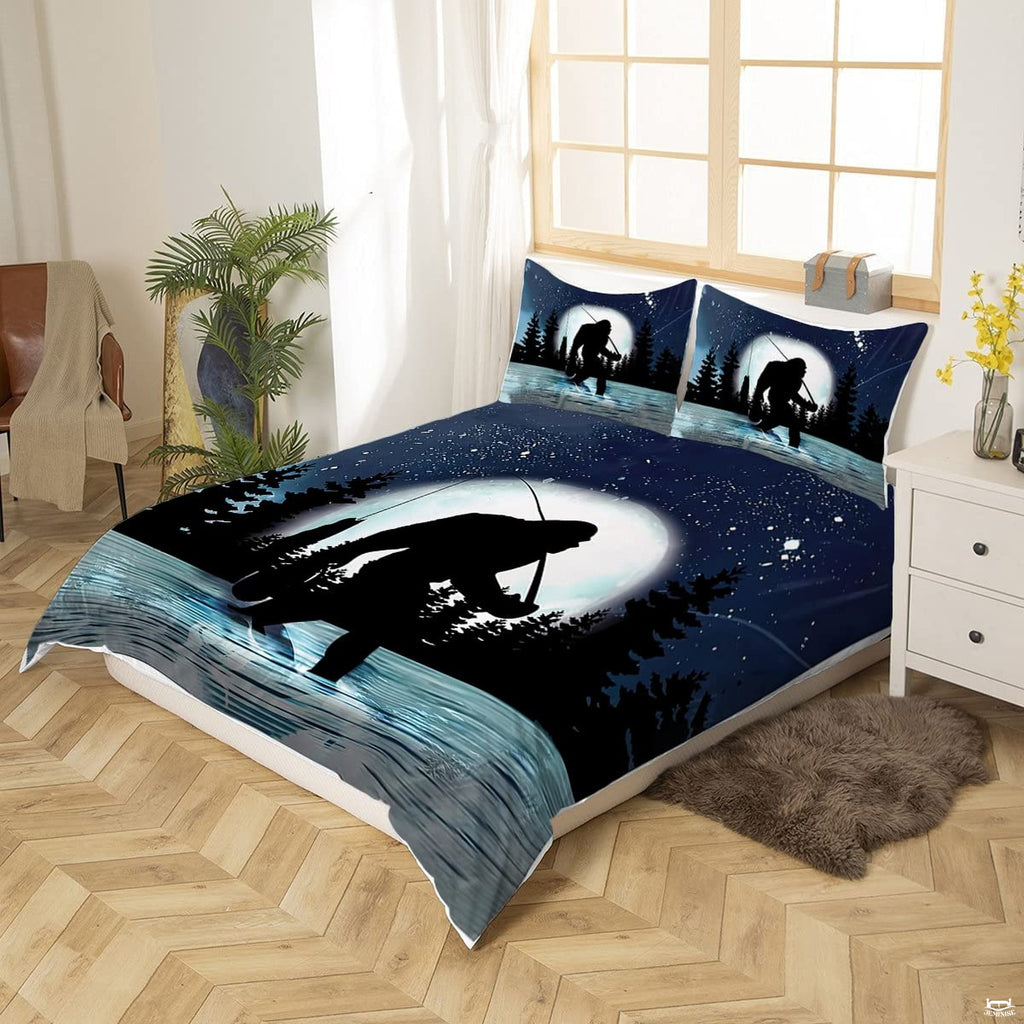 Sasquatch angling artwork on fishing themed bedding sets against midnight navy.