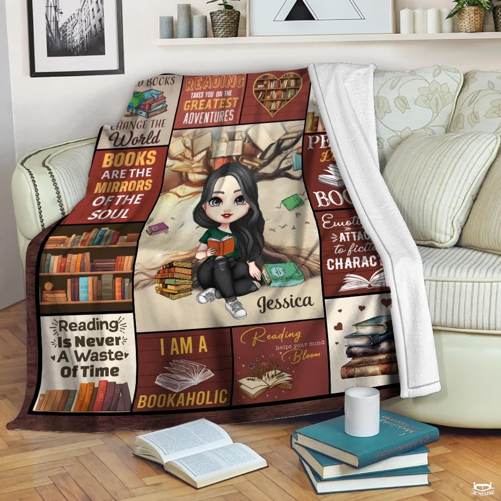Personalized Black Hair Reading Girl with Bookshelf Throw Blanket
