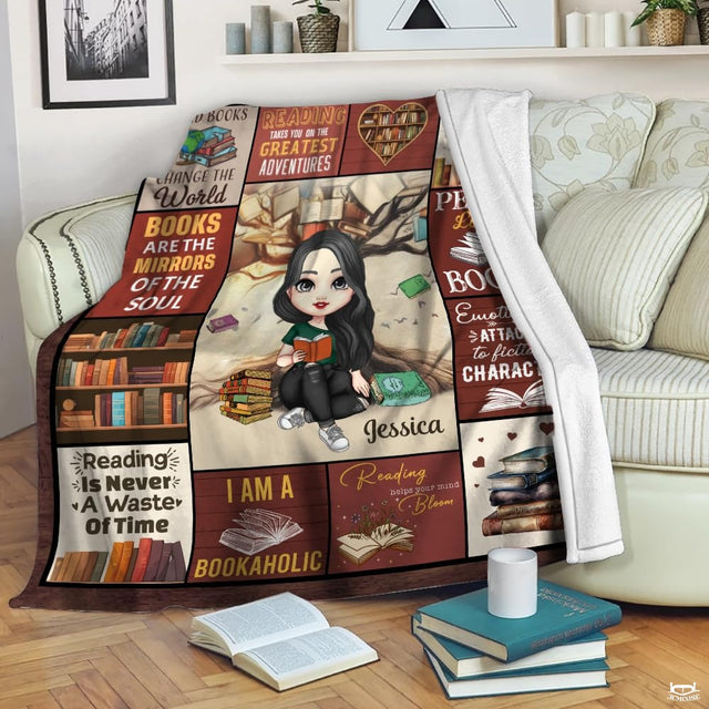 Personalized Black Hair Reading Girl with Bookshelf Throw Blanket