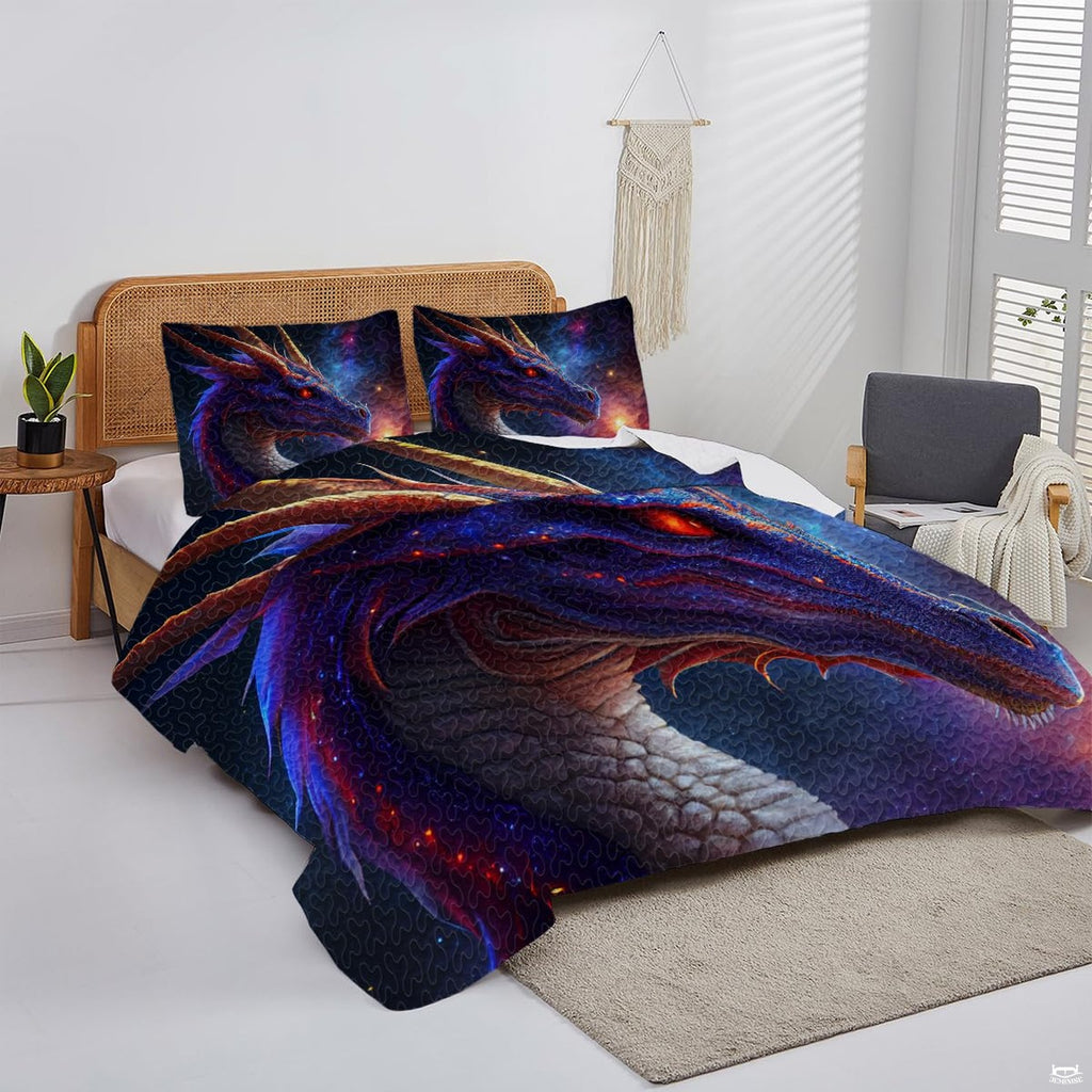 Cosmic purple dragon portrait displayed in a bright bedroom