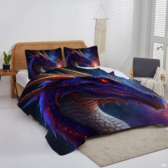 Cosmic purple dragon portrait displayed in a bright bedroom