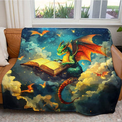 Fantasy green dragon reading glowing storybook on clouds under starry sky, view 2.