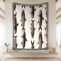 Vintage fish bedding display featuring scientific trout illustrations on a beige backdrop with fringed borders.