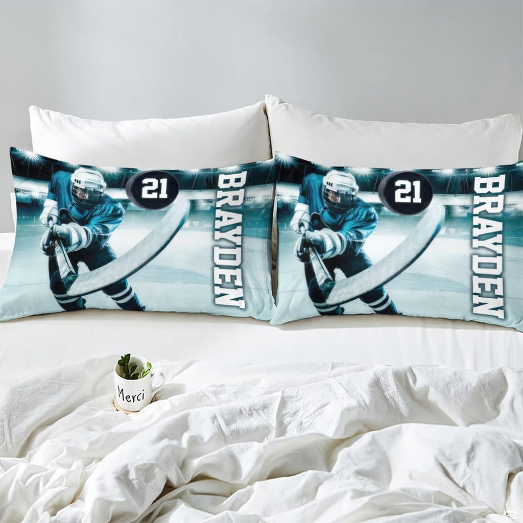 Side angle view of athletic winter sports bedding showing vibrant teal and petroleum navy tones on mattress