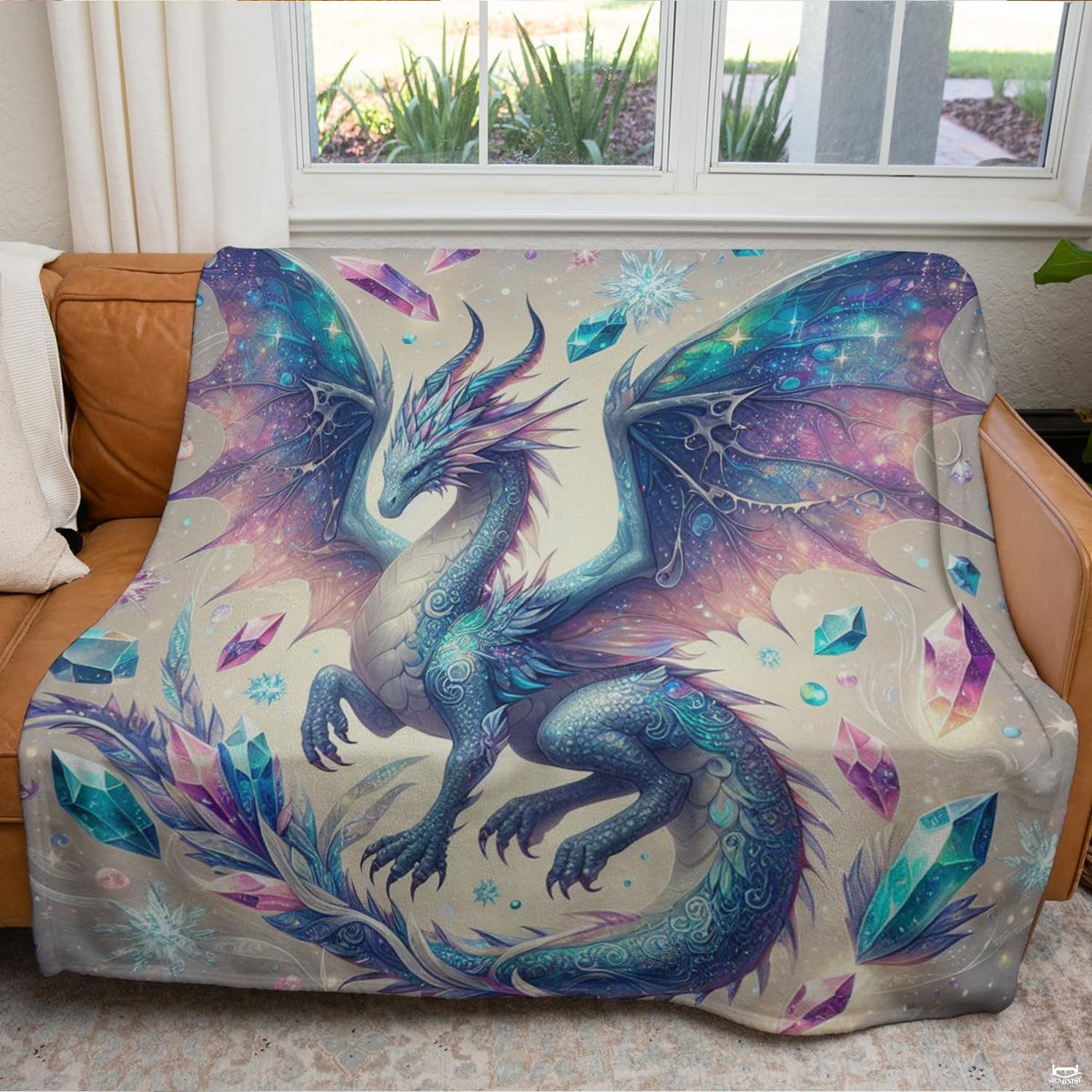 Intricate fantasy art display of faceted crystals and celestial dragon wings against a moody deep blue backdrop.