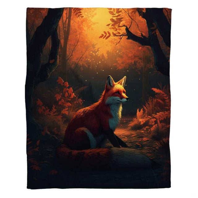 Close-up of illustrated red fox nestled among fallen golden leaves and ethereal woodland motes.