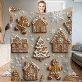 Decorated gingerbread houses and cookie figures on neutral background, view 1.