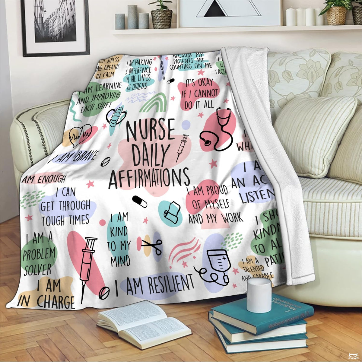 Nurse daily affirmations design with pastel color blotches and medical doodle art, view 8.