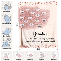 Dimension infographic illustrating multiple functional uses for family tree throw blanket