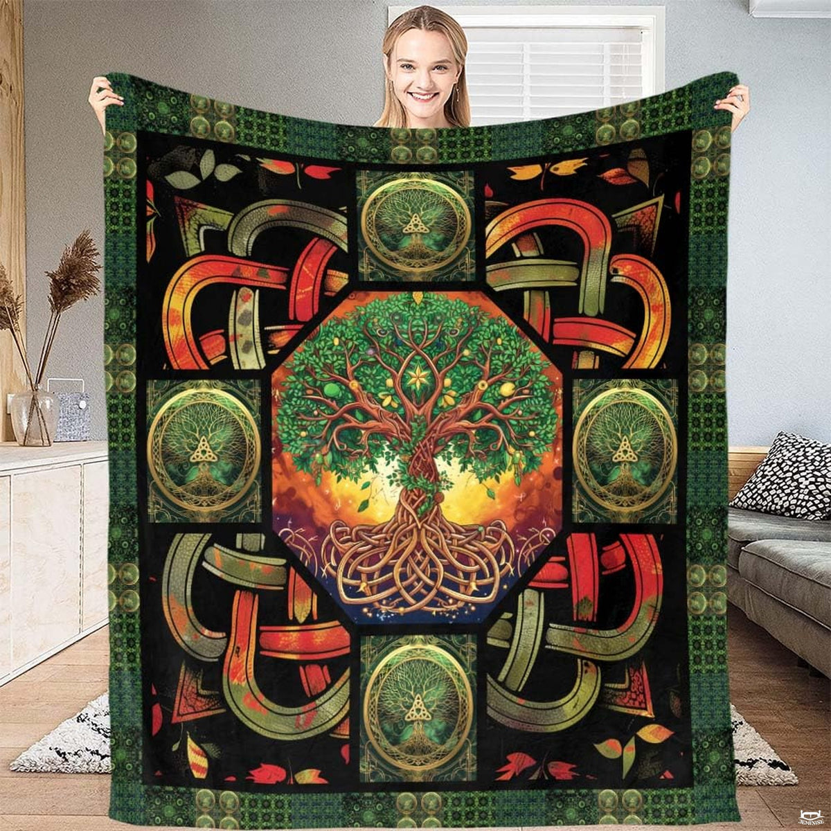 Celtic Tree of Life bedding set with intricate knotwork medallion and mystical amber glow.