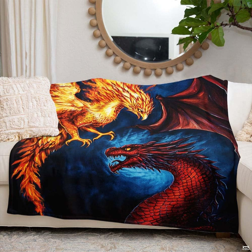 Feature diagram for the phoenix dragon throw blanket showing rich print quality and durable construction.