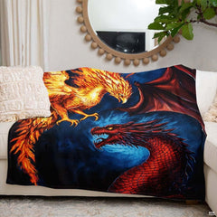 Feature diagram for the phoenix dragon throw blanket showing rich print quality and durable construction.