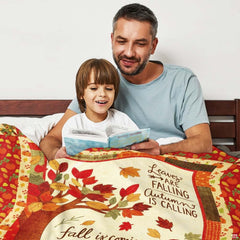 Autumn harvest bicycle throw blanket view 3 highlighting countryside artwork, pumpkins, and rustic border