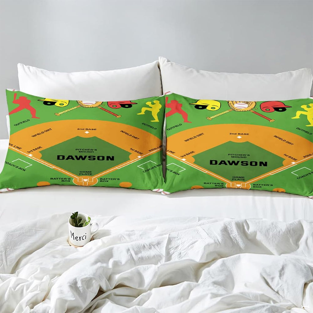 Side angle view of athletic sports bedding showing vivid lime and grass green tones draped on mattress