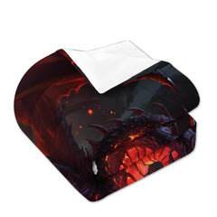 Perspective display of red dragon fantasy bedding set styled in a modern bedroom setting.
