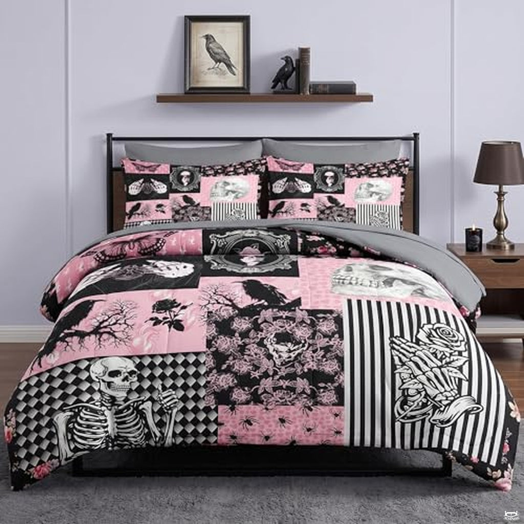 Pamnest Twin Halloween Comforter Set with Sheets, 5 Pieces Pink Bedding