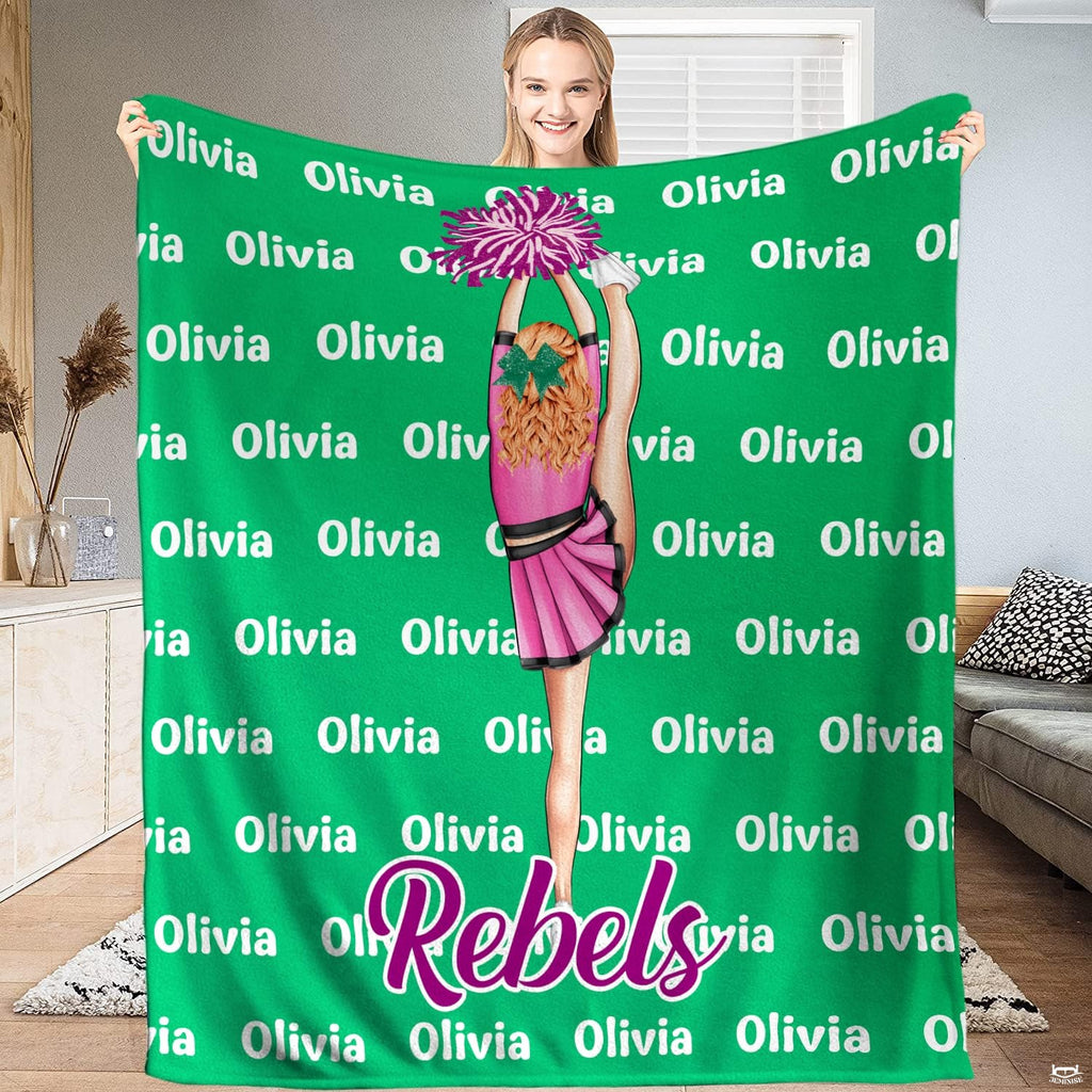 Emerald bedding set featuring central illustrated cheerleader stunt graphics and script accents.