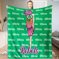 Emerald bedding set featuring central illustrated cheerleader stunt graphics and script accents.