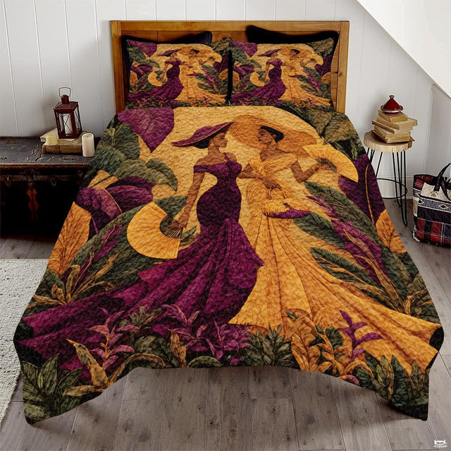 Two women in purple and gold gowns with wide hats and fans before a gold circle and tropical leaves