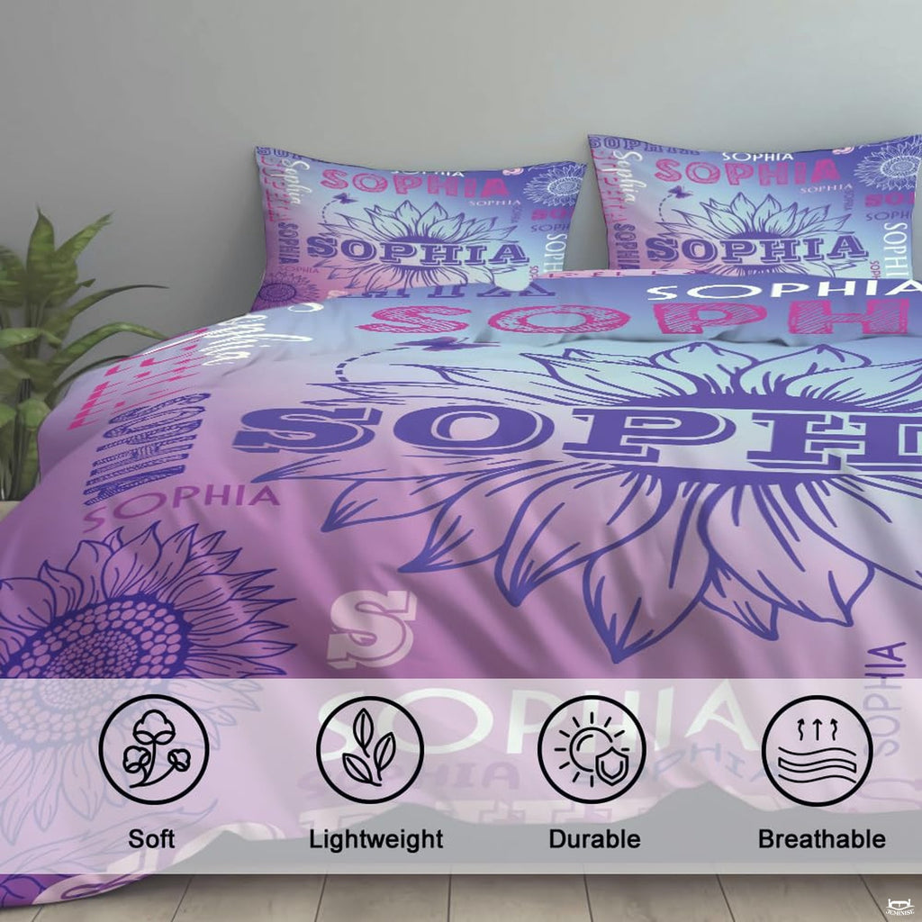 Matching pillowcase detail for fantasy bedding set showing coordinating purple unicorn and star prints