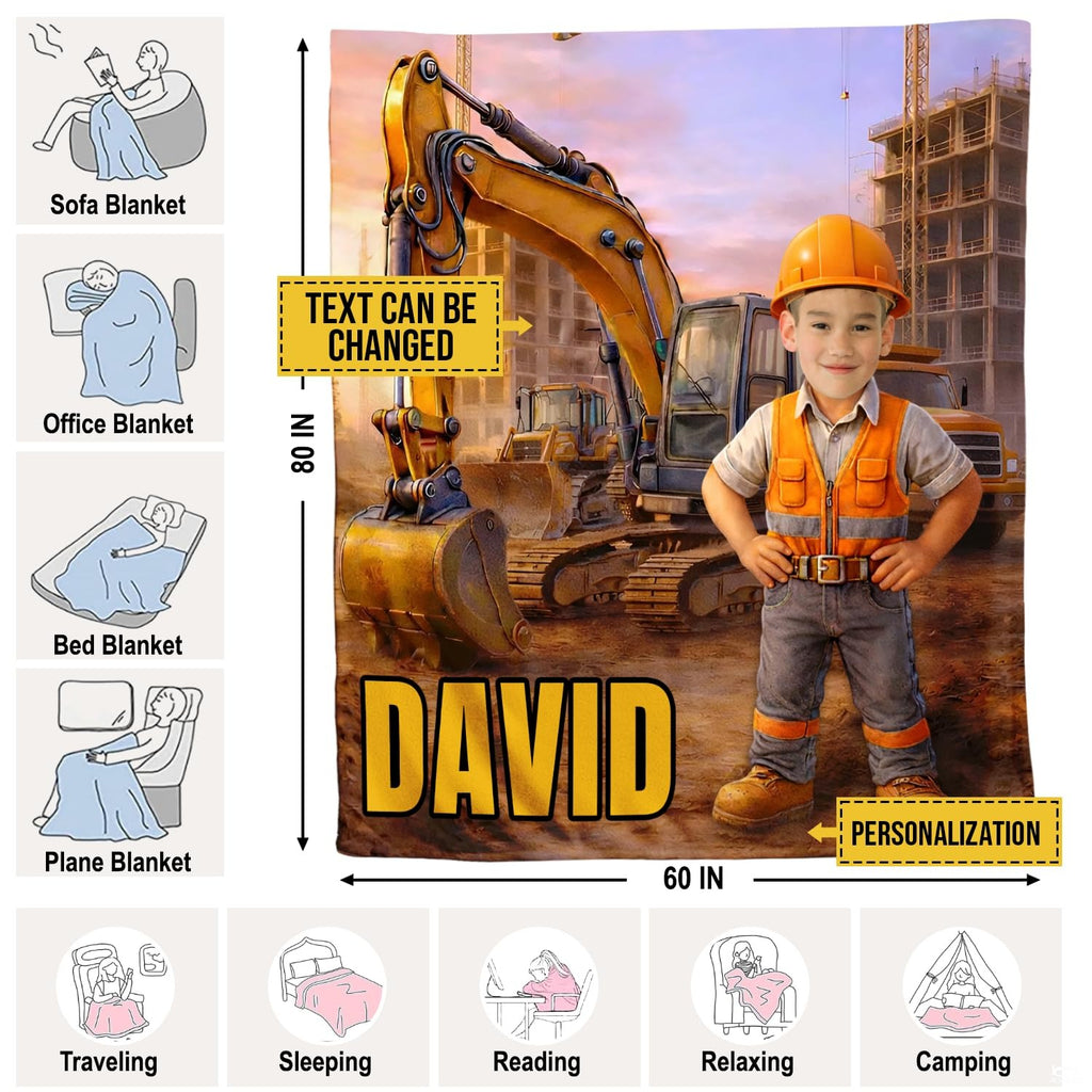 Little construction builder throw blanket draped across contemporary youth bed