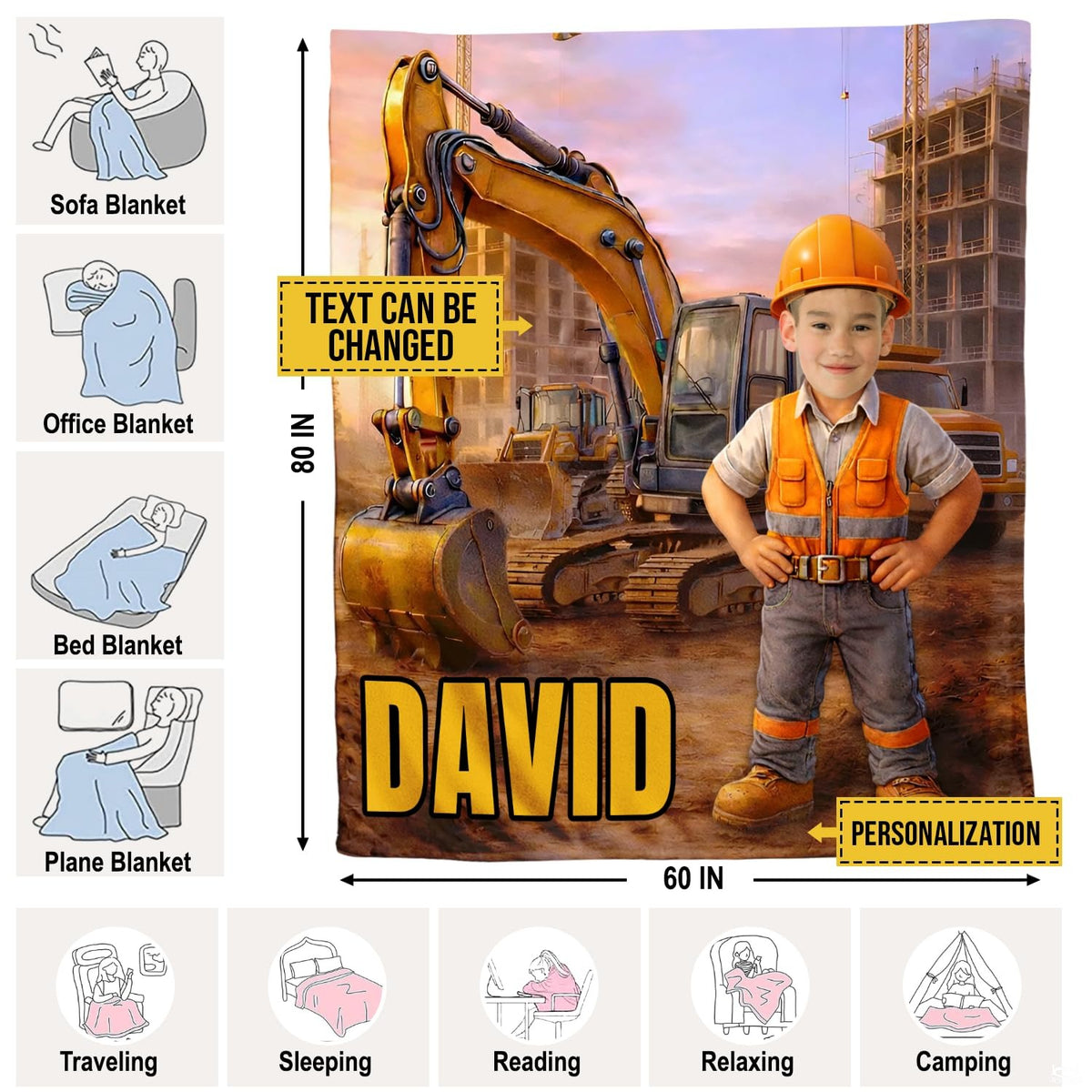 Little construction builder throw blanket draped across contemporary youth bed