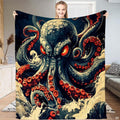 Mythical kraken giant octopus with glowing red eyes rising from ocean waves throw blanket