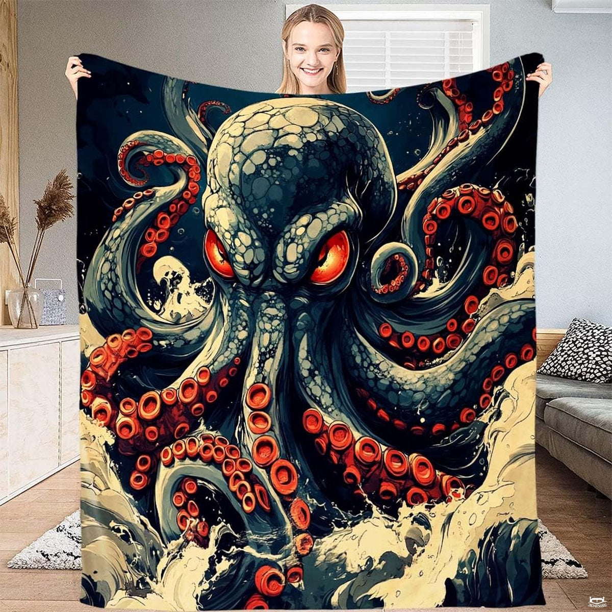 Mythical kraken giant octopus with glowing red eyes rising from ocean waves throw blanket