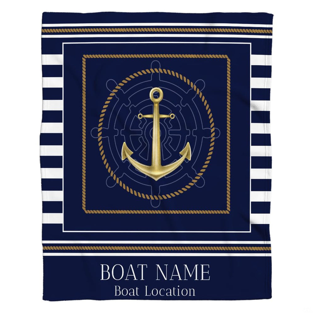 Overhead view displaying navy and white horizontal sailor stripe border artwork.