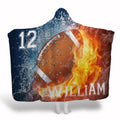 Football emblem between roaring flames and splashing water with varsity lettering, view 1.