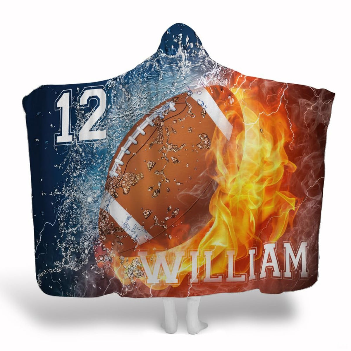 Football emblem between roaring flames and splashing water with varsity lettering, view 1.