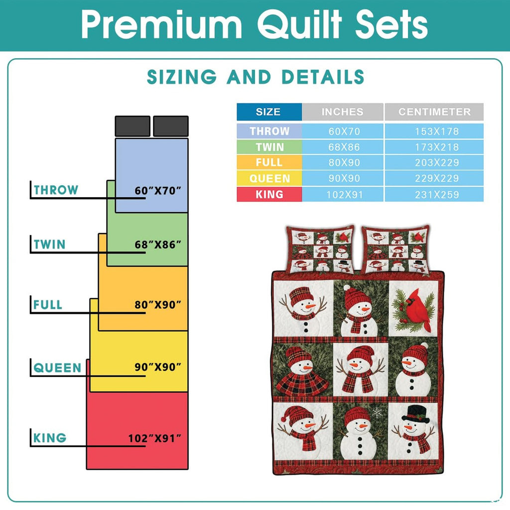 High-angle view of snowman bedding set highlighting balanced geometric patchwork panels across the bed.