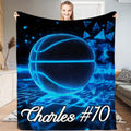 Neon cyber basketball throw blanket featuring glowing blue basketball and digital perspective grid on black background