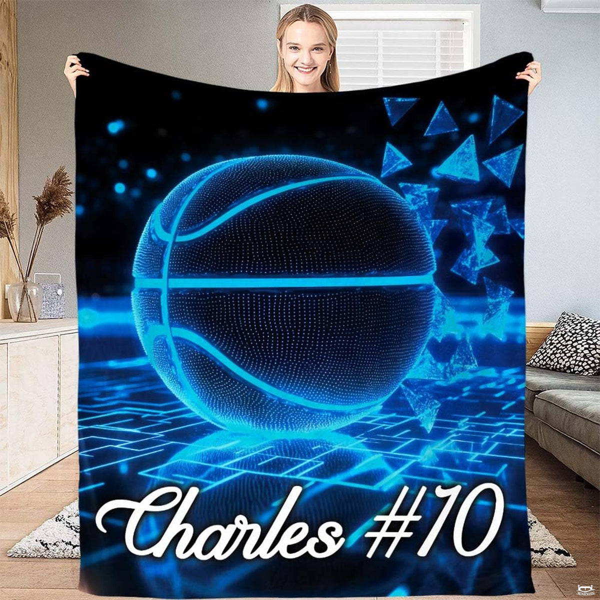 Neon cyber basketball throw blanket featuring glowing blue basketball and digital perspective grid on black background