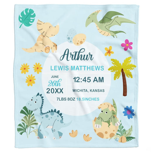 Whimsical pastel blue bedding sets motif featuring cartoon dinosaurs and tropical monstera foliage.
