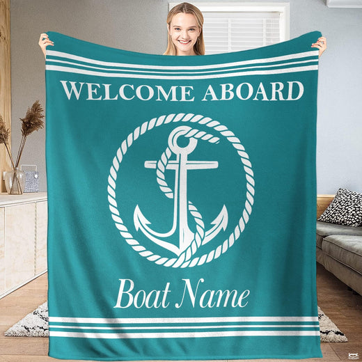 Nautical rope anchor teal stripe throw blanket featuring anchor in rope ring with white sailor stripes