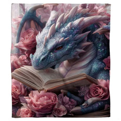 Full digital artwork featuring an iridescent dragon surrounded by pink roses and an open storybook